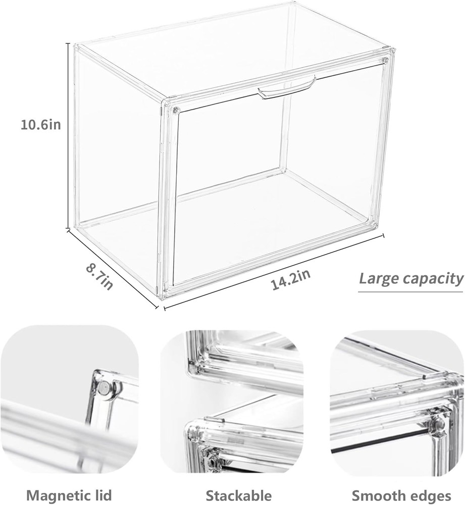 Clear Acrylic Display Case, Stackable Plastic Storage Bins with Magnetic Attr...