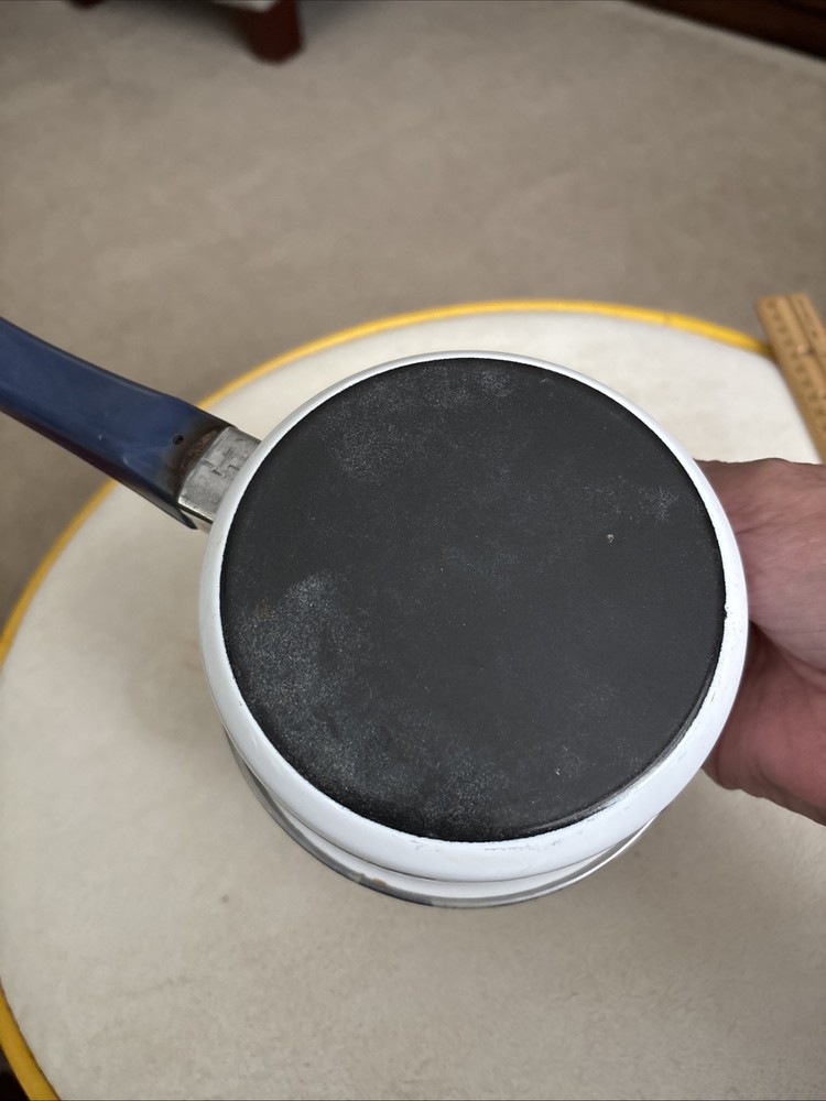 Vintage White Enamel Saucepan With Blue Handle