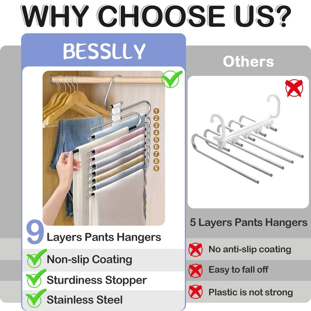9 Layers Pants Hangers Space Saving, 2 Pack 2 Pack, Antiquewhite