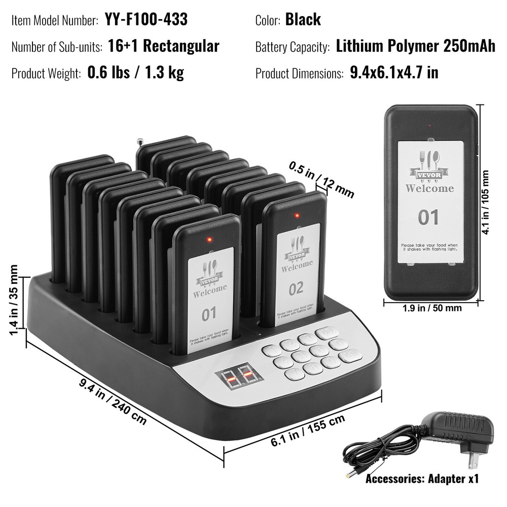 VEVOR Restaurant Wireless Guest Paging System 16 Beepers Queuing Calling Pagers