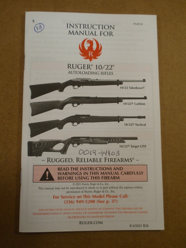 2021 Ruger 10/22 Rimfire Autoloading Rifle Instruction Operators Manual, PM058