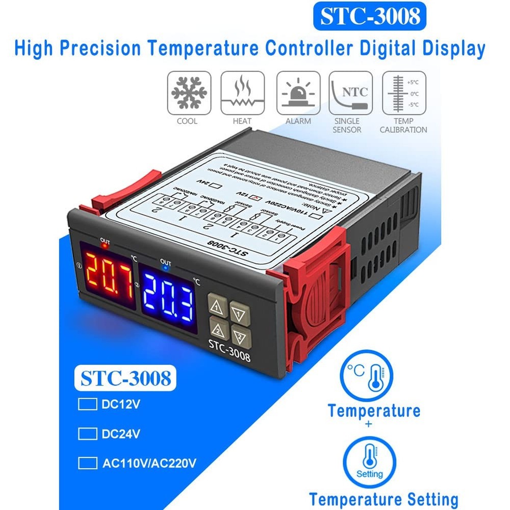 Temperature Thermostat Controller, -3008 Digital Display Probe Sensor for Far...
