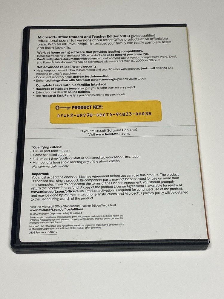 Microsoft Office 2003 Student and Teacher Edition Full Version MS w Key/Booklet