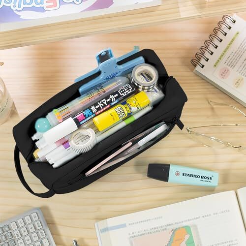 Large Capacity Pencil Case 3 Compartments, Portable Pencil Case with Black