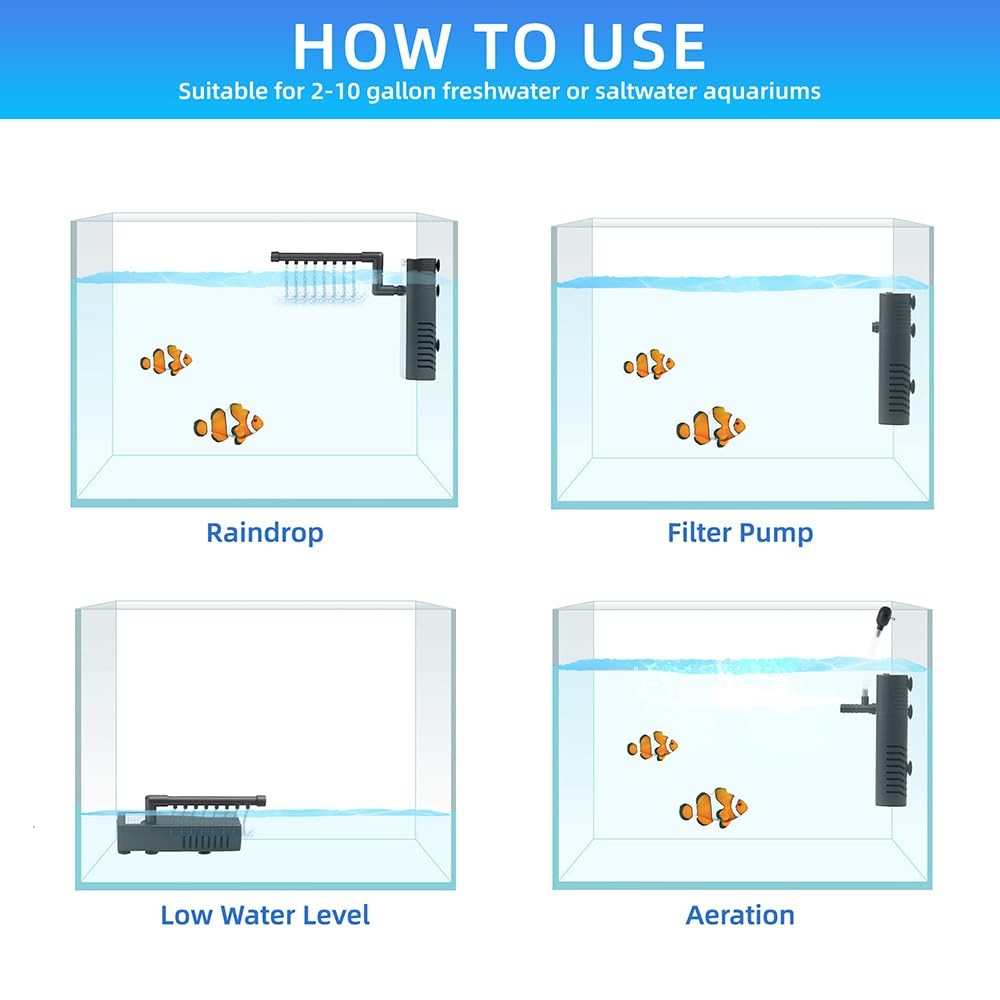 Submersible Aquarium Filter 53 GPH for 2-10 Gallon Tanks, Multi-Function Pump
