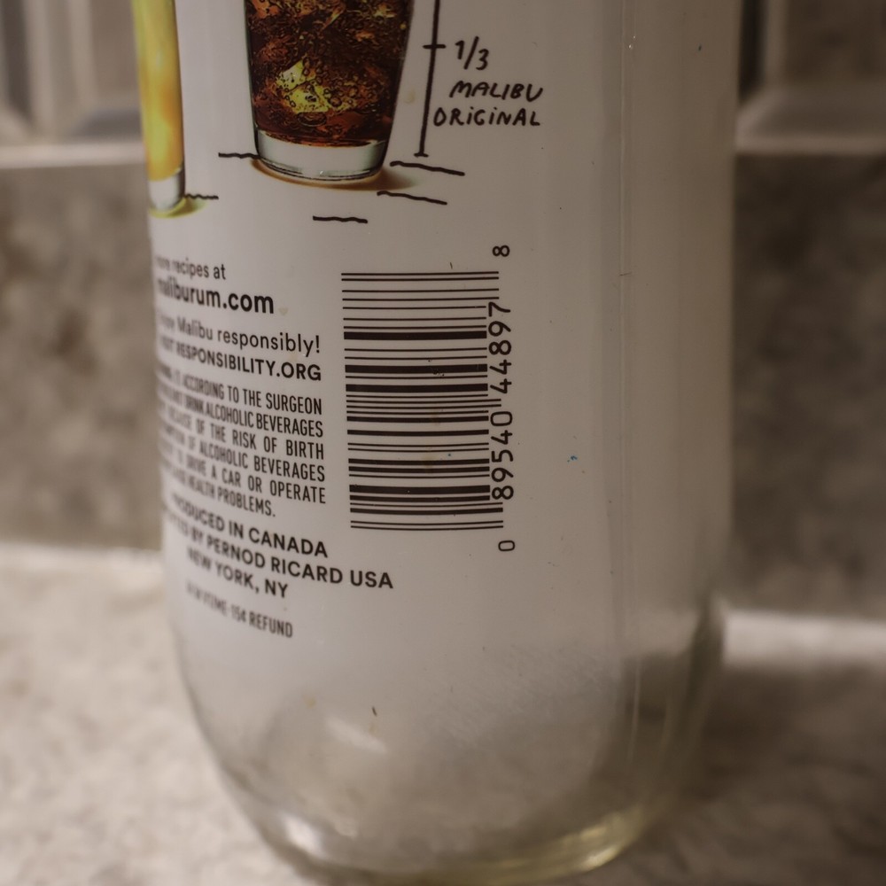 EMPTY 1L Malibu Original Coconut Rum Bottle w/o Cap