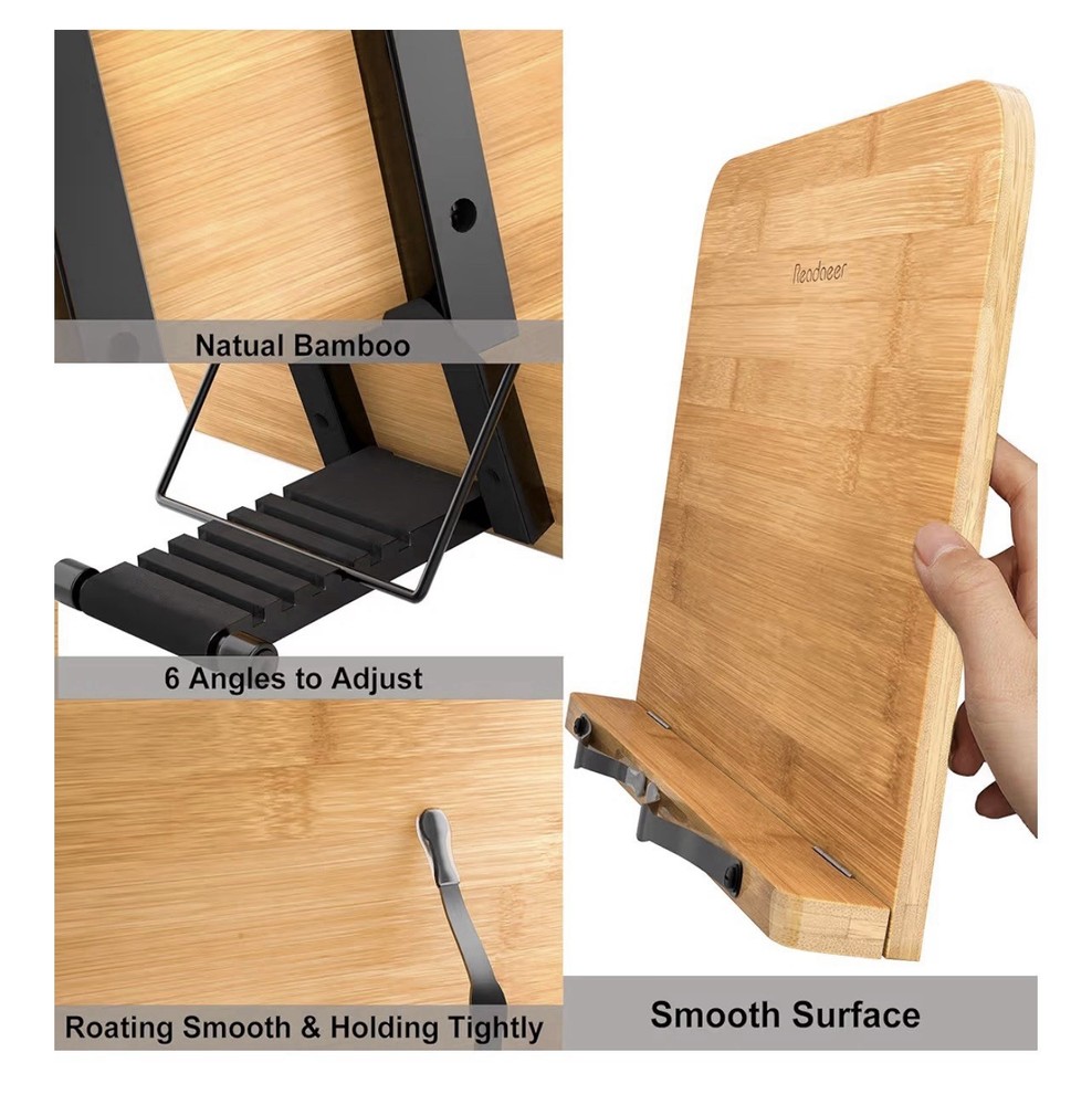 Large Book Cookbook Stand Bamboo Adjustable & Foldable Kitchen Reading Rest