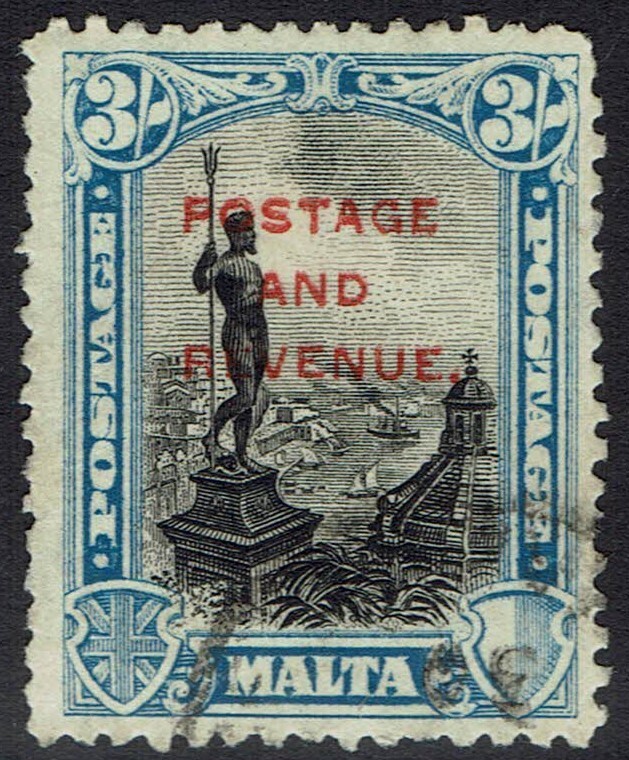 MALTA 1928 POSTAGE AND REVENUE OVERPRINTED 3/- USED