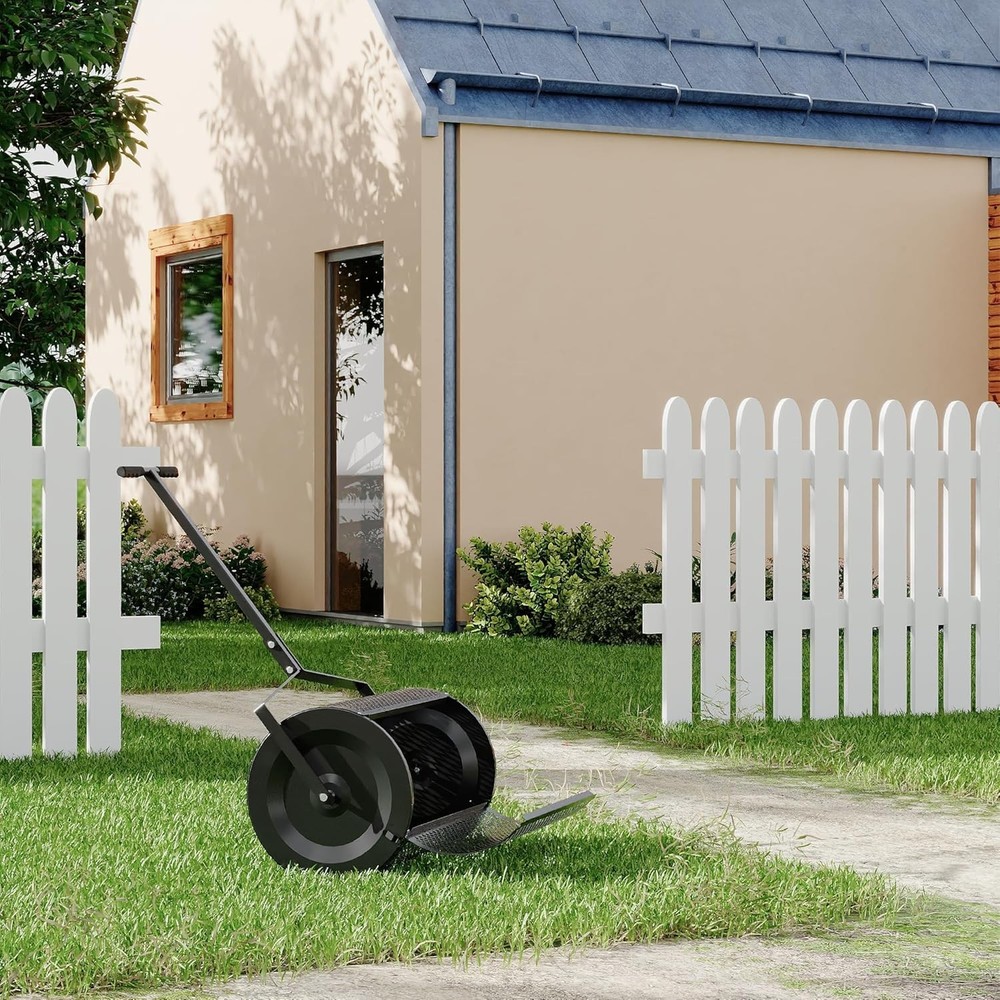 24" Heavy Duty Compost Spreader, Adj T-Handle & Metal Mesh Roller, Rust-Proof
