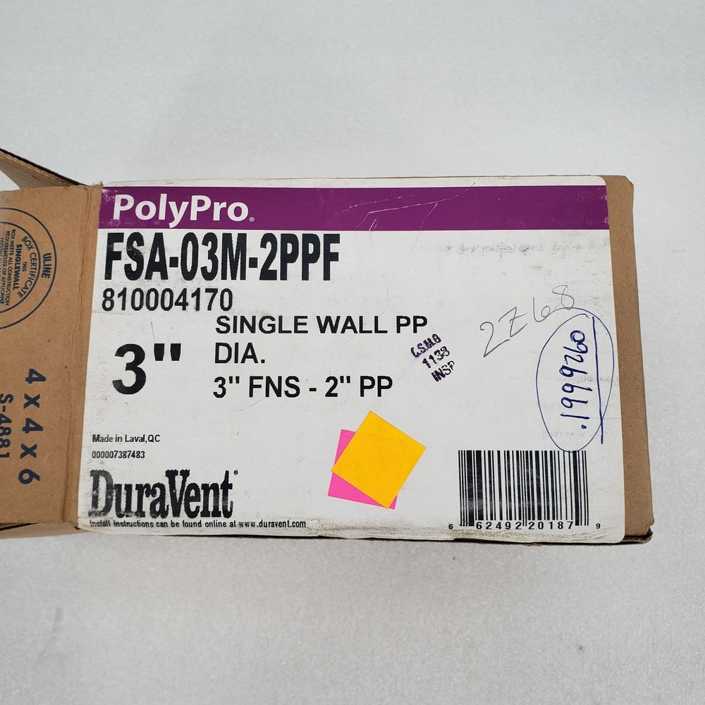 DuraVent PolyPro FSA-03M-2PPF Single Wall Gas Vent 3" FNS - 2" PP