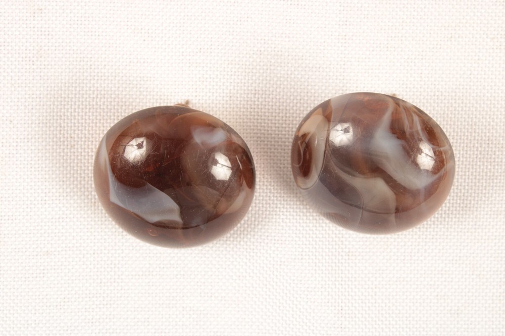Pierced Brown Marble Button Earrings 1 Inch Diameter