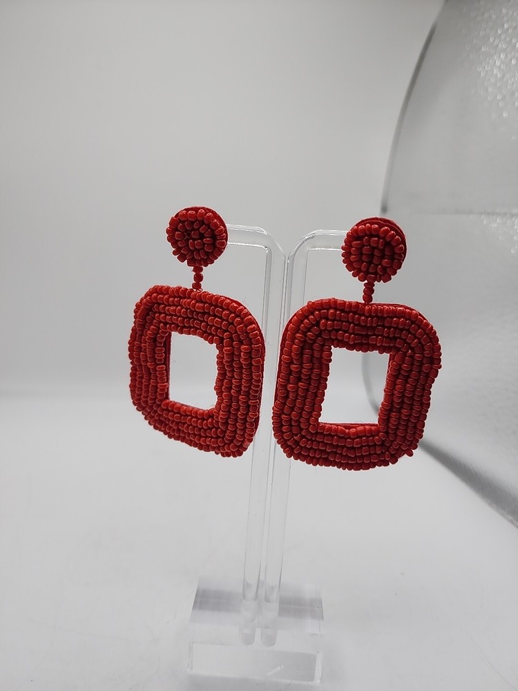 Vintage Pierced Earrings Red Seed Beads Square Shape Unsigned Artisan 2.5"...