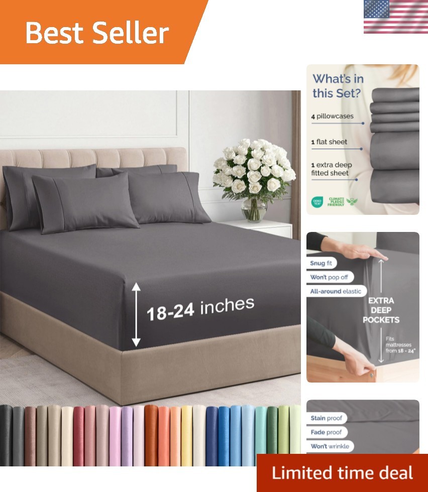 Extra Deep Queen Sheet Set - 6 Piece Luxury Cooling Microfiber Bedding - Grey