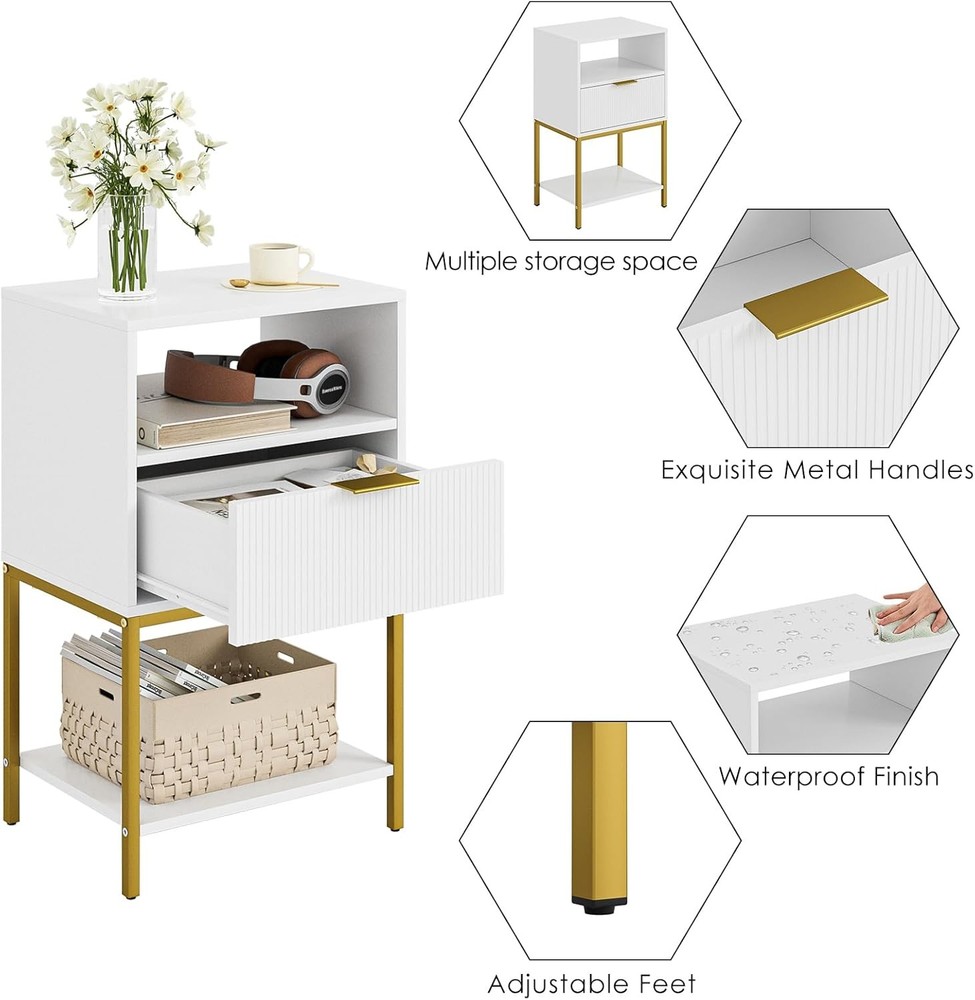 Nightstand Modern Bedside Table W/ Gold Frame 25.51''H End Table,White Night