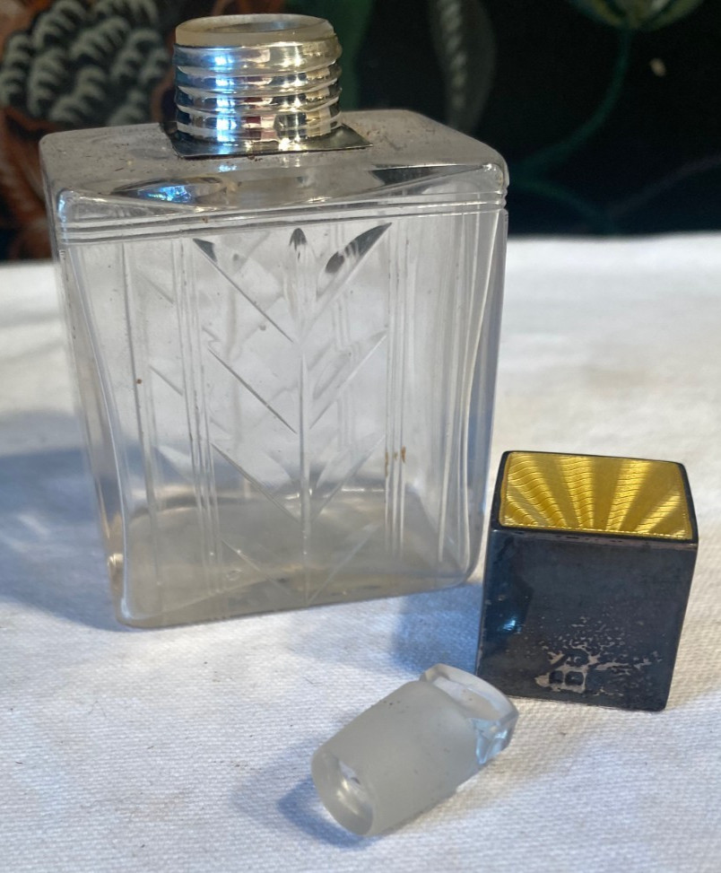 Sterling & Enamel Top Perfume Bottle w Etching & Dauber Insert