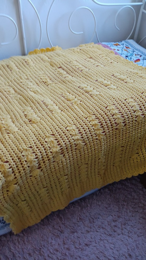 Handmade Crocheted Yellow Afghan Scalloped Edge