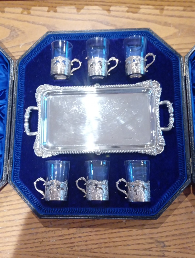 AntiqueBoxed Solid Silver Liquer and Salver Set.