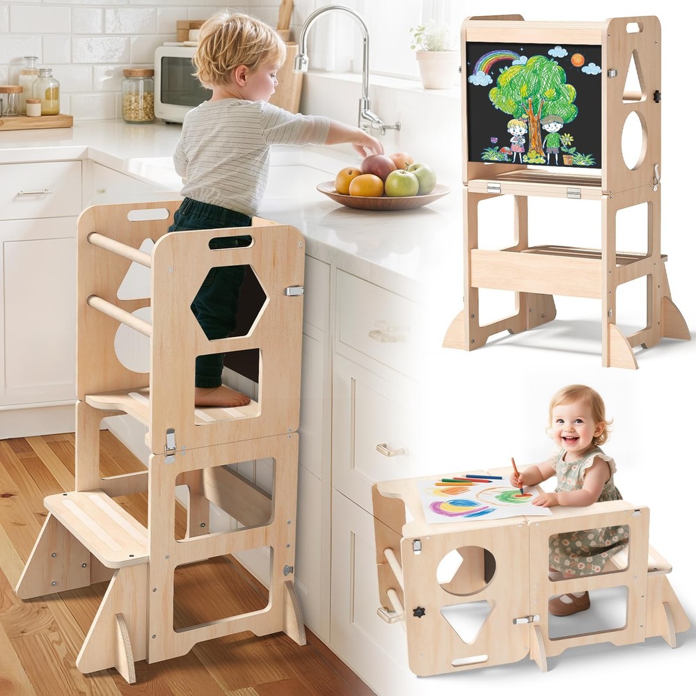 Woodure 4-in-1 Toddler Kitchen Step Stool, Foldable Learning Tower