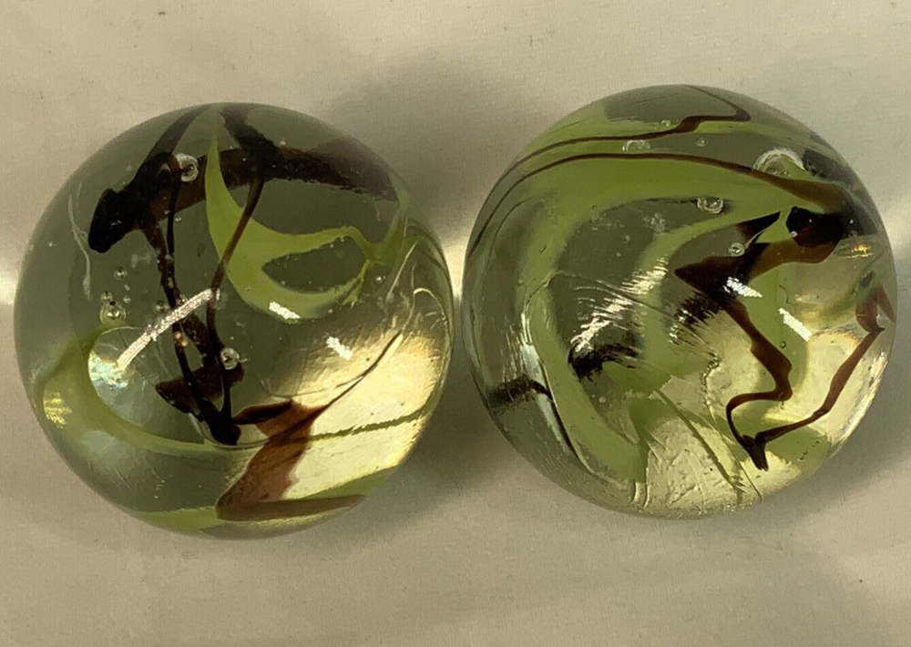 2 BOULDERS 35mm COMMANDO Marbles Wire Pull Confetti Green/Brown Glass LARGE HUGE