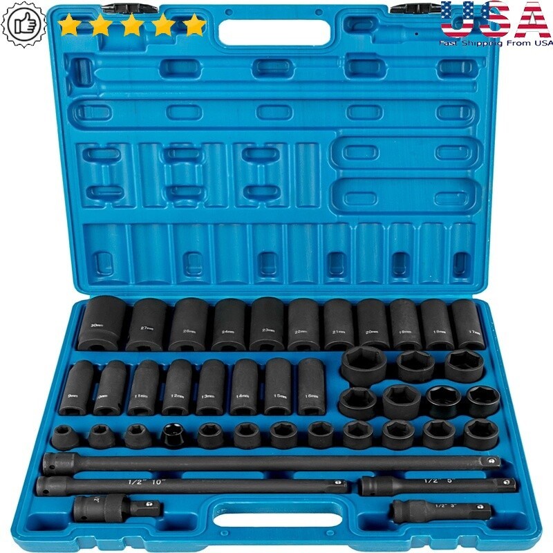 1/2 Inch Chrome Finish Deep Socket Wrench Set 43 Pc High Torque Tools Blue New