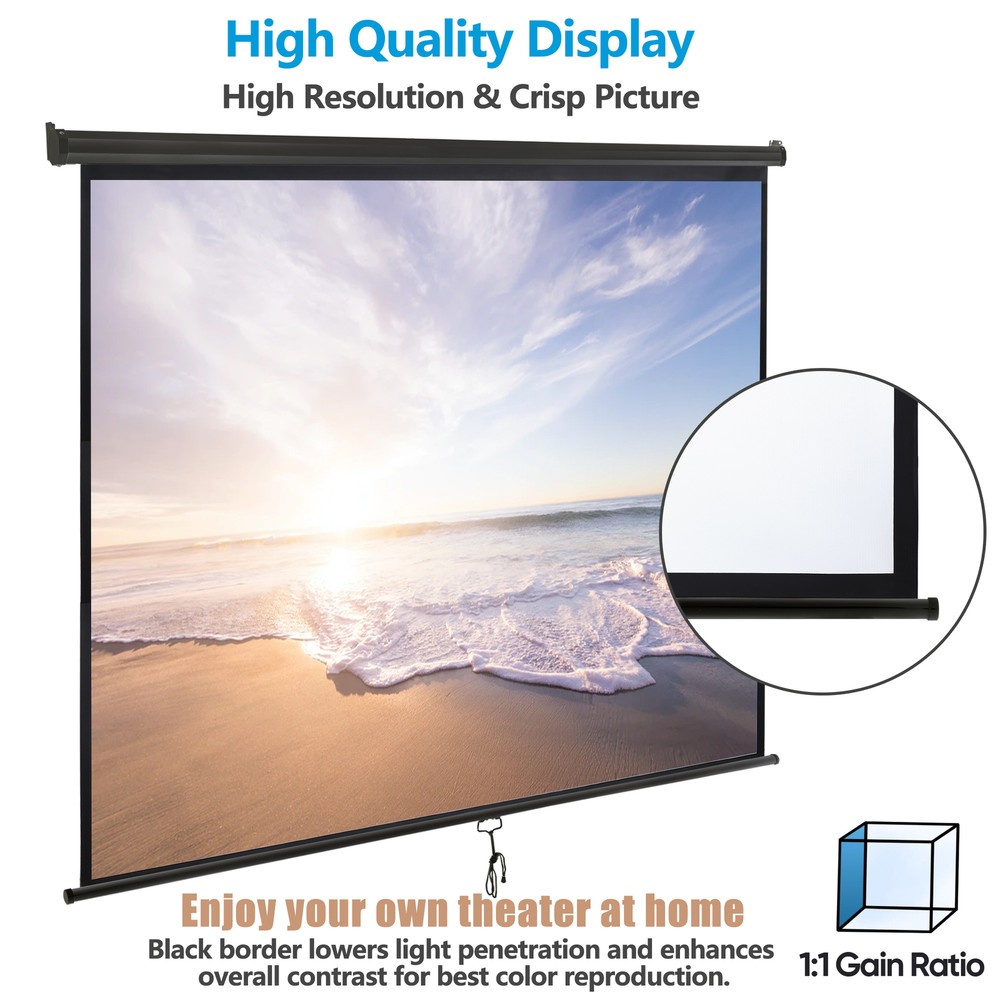 Manual Pull Down Projector Screen 84" X 84" Format HD Home Theater Black