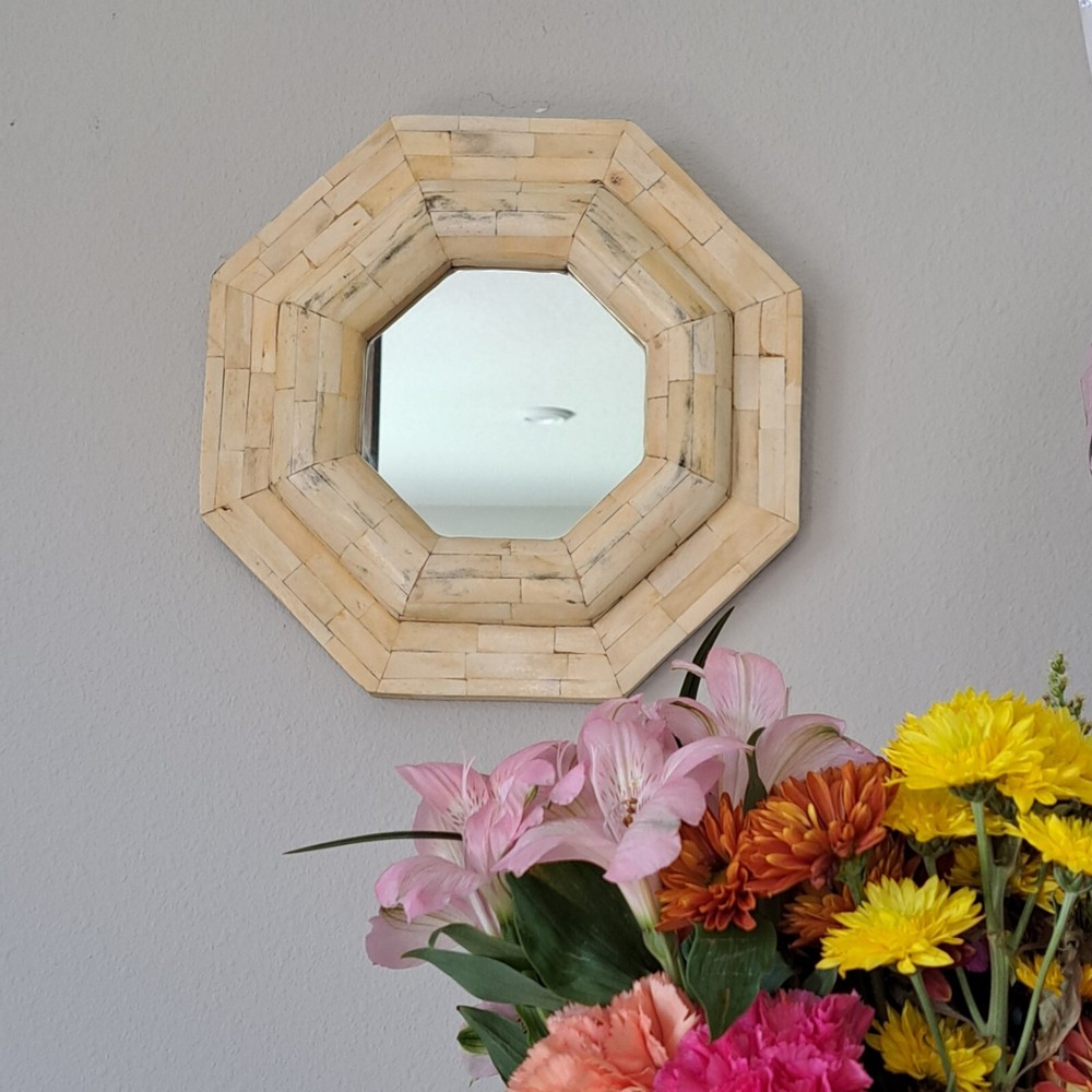 13" Vintage Octagonal Bone Inlay Wall Hanging Mirror