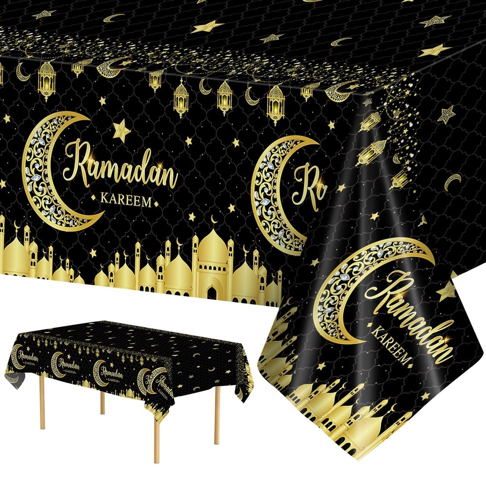 2 Pcs Ramadan Tablecloth - Plastic Black Gold Kareem Table