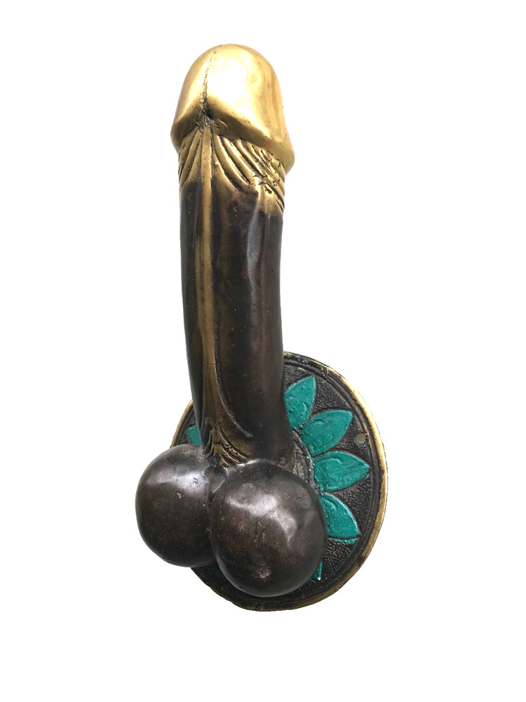 large version PENIS erect DOOR PULL HOOK heavy aged brass 9 " handle hand made