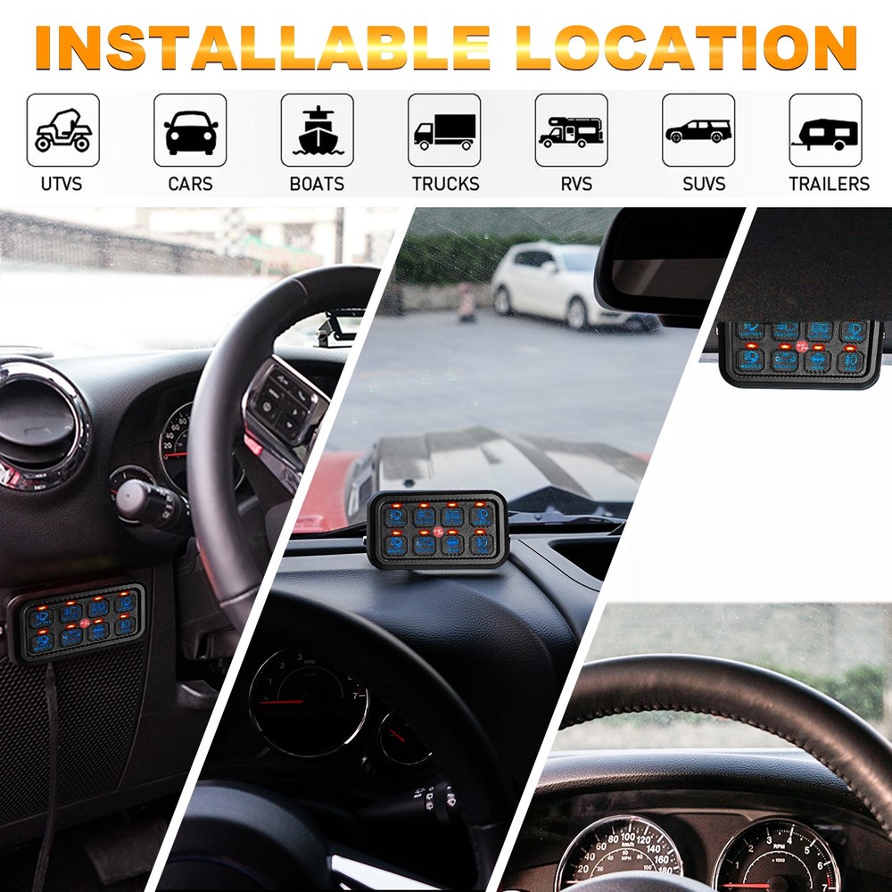 AUXBEAM 8 Gang Switch Panel Relay System On、Off Control Blue Backlit ATV UTV