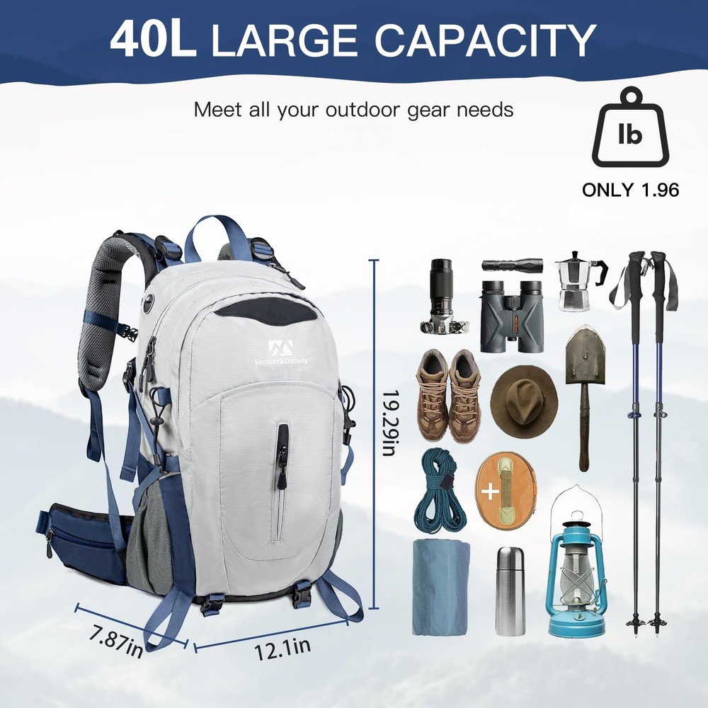 Hiking Backpack, 40L Waterproof Camping Backpack with Packable Back Panel & R...
