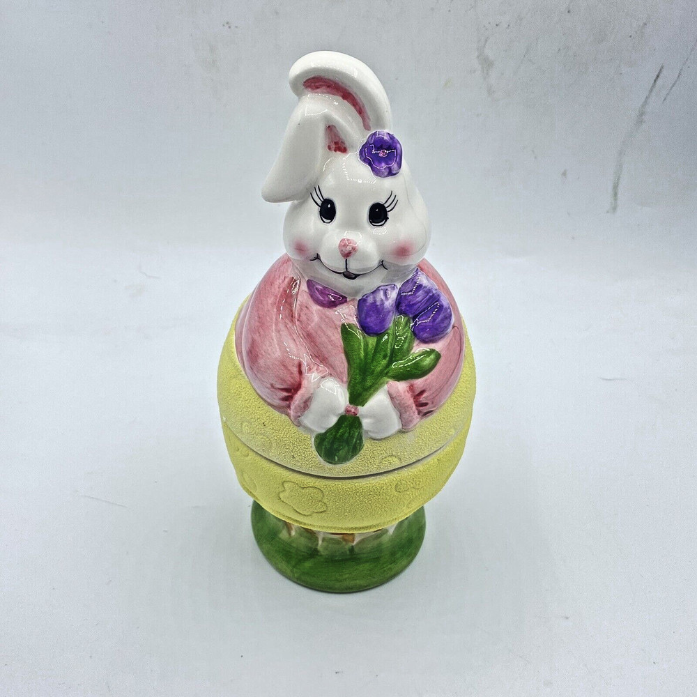 Easter Bunny Rabbit Ceramic Candy Jar W/ Felt Bottom NWOB