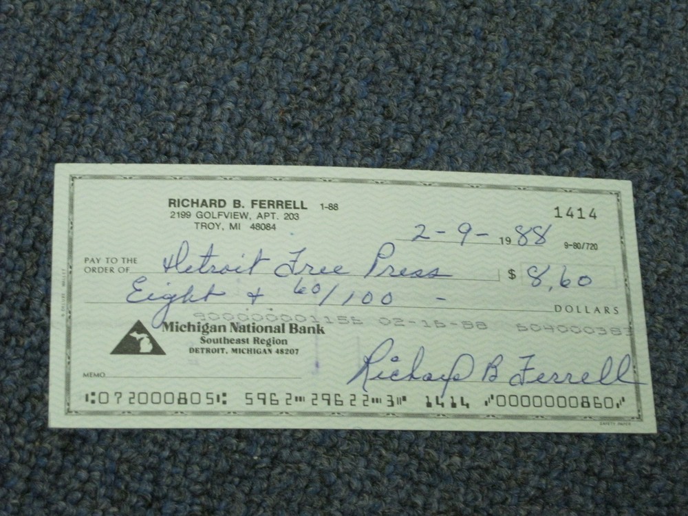 Rick Ferrell Signed Autographed Cancelled Check