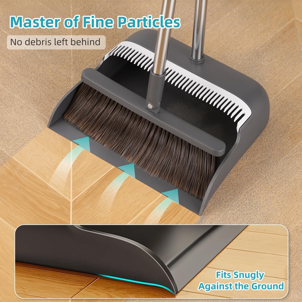 Broom with Dustpan Combo Set with 52.5" Extra Long Handle, Self-Cleaning Dust...