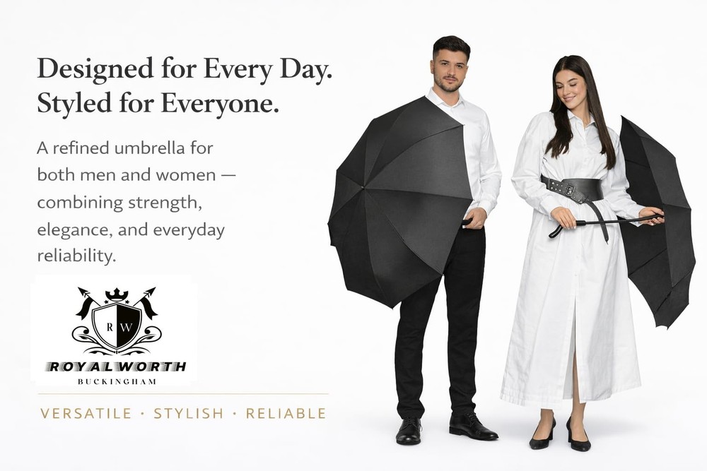 ROYALWORTH -Windproof Travel Umbrella - Compact, Light, Full Black