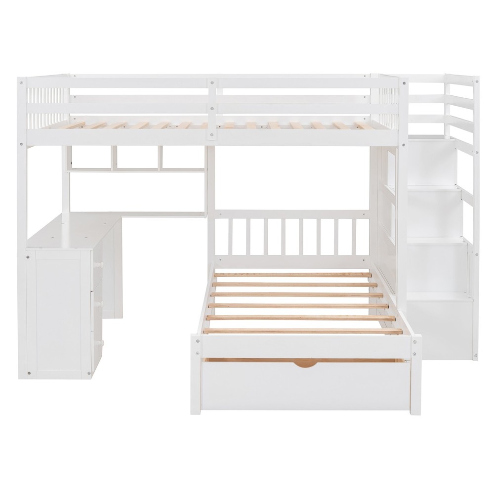 Twin Bunk Bed with Desk, Drawers & Bookcase, White Solid Wood Storage