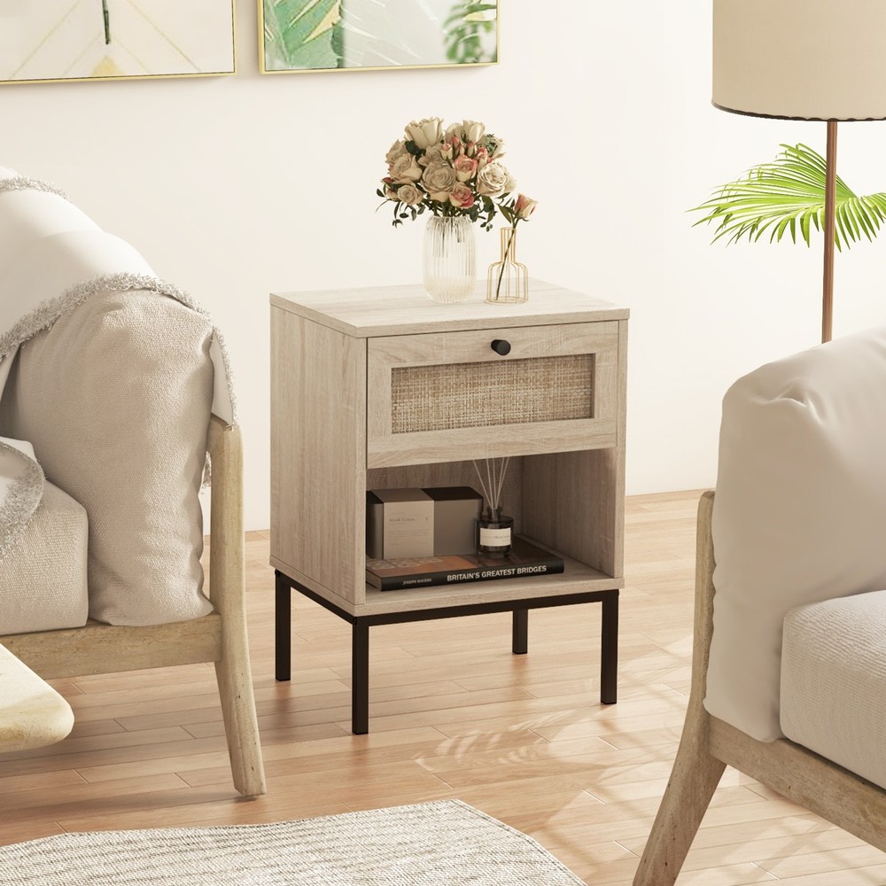 2 PCS Boho Style Nightstand Compact End Table w/Rattan Drawer & Open Shelf