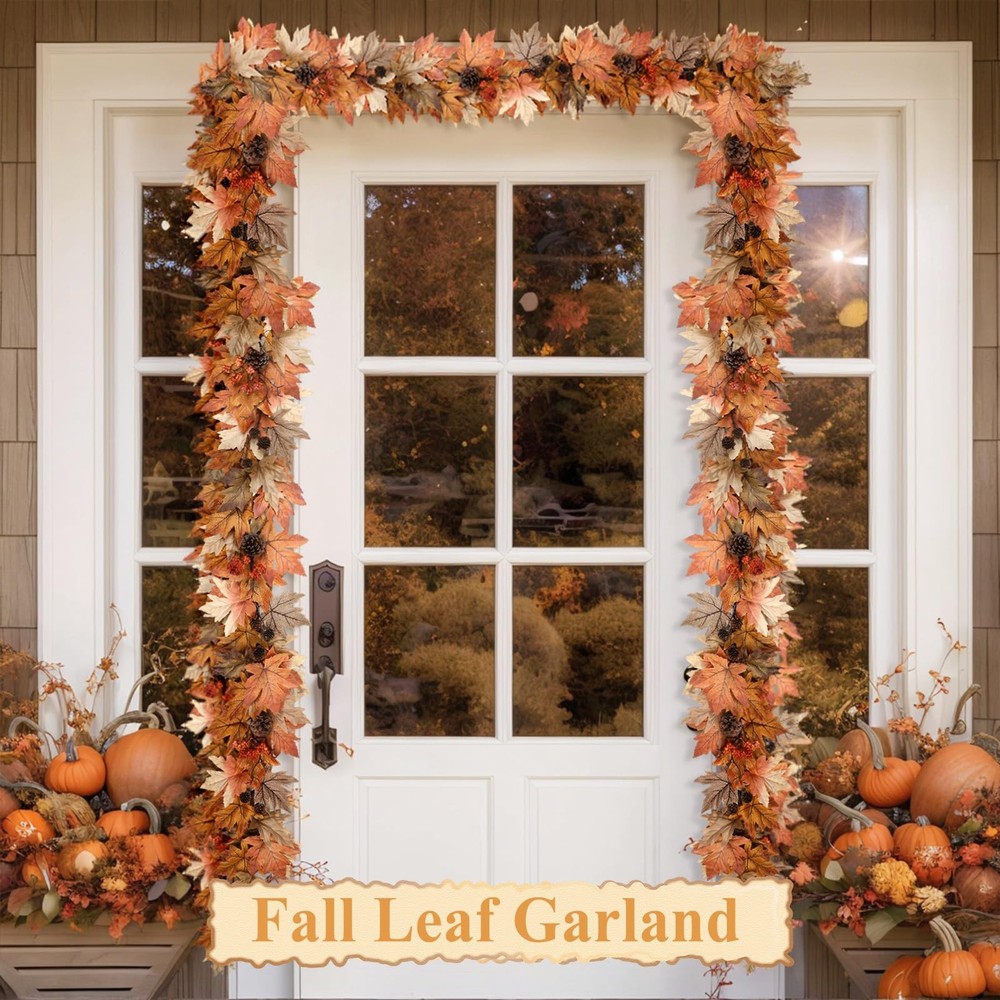 6 FT Fall Garland with Lights Timer Function Fall Leaves Garland with Berries...