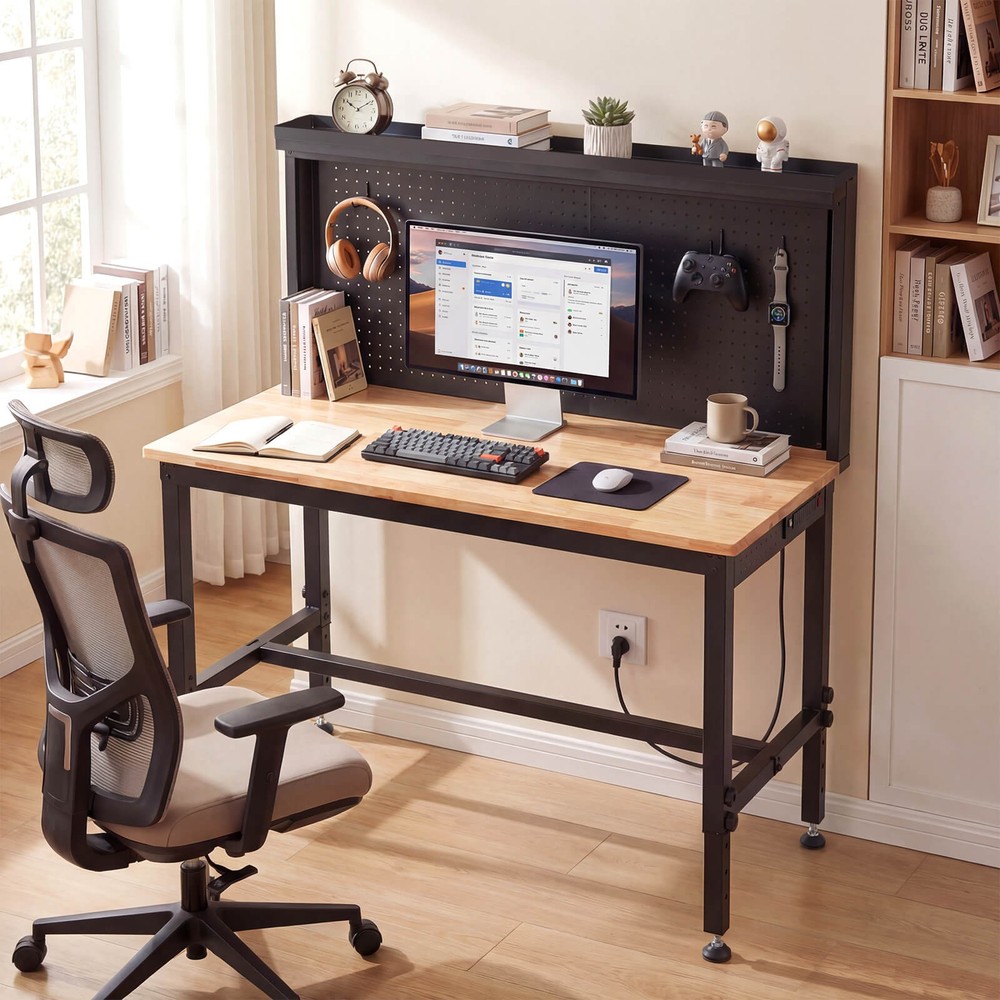 Heavy Duty Workbench with AC/USB Outlets and Pegboard, Max Load 2000 LBS