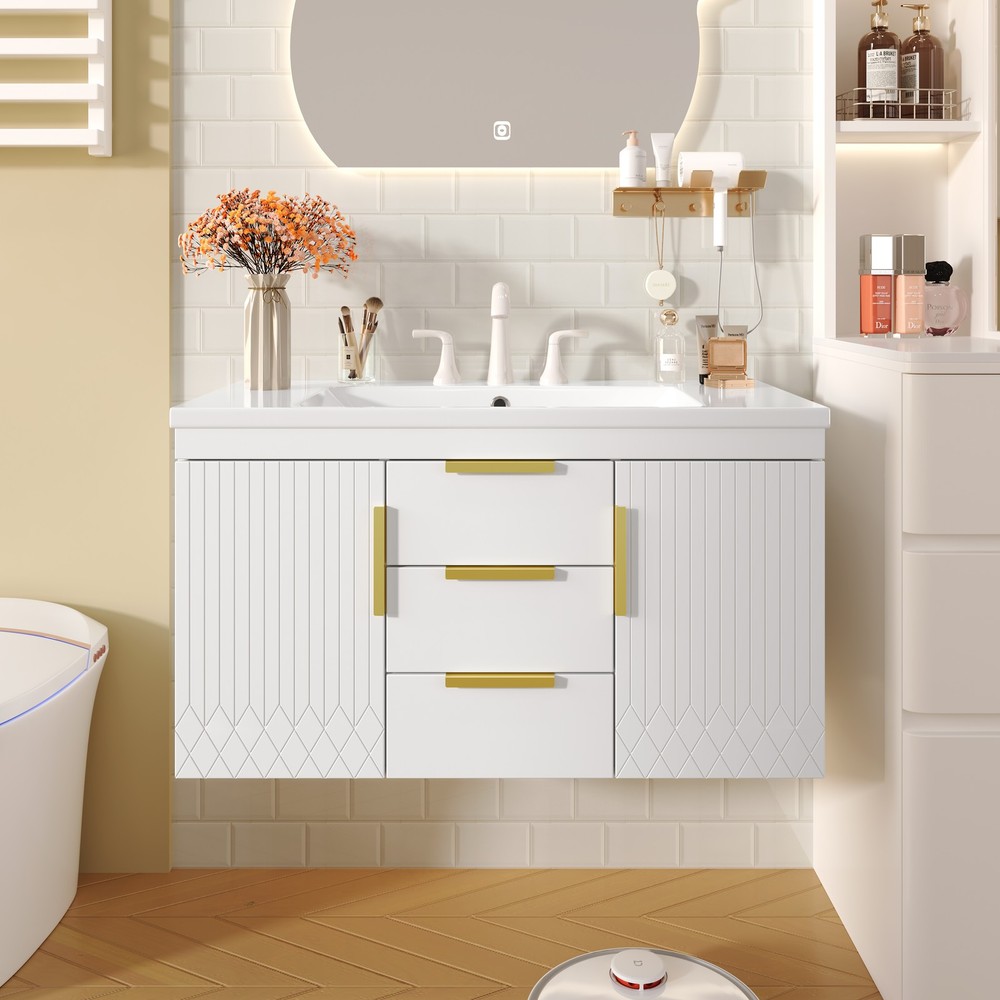 36'' Wall Mounted Bathroom Vanity, Floating Bathroom Storage Cabinet with 2 Dr