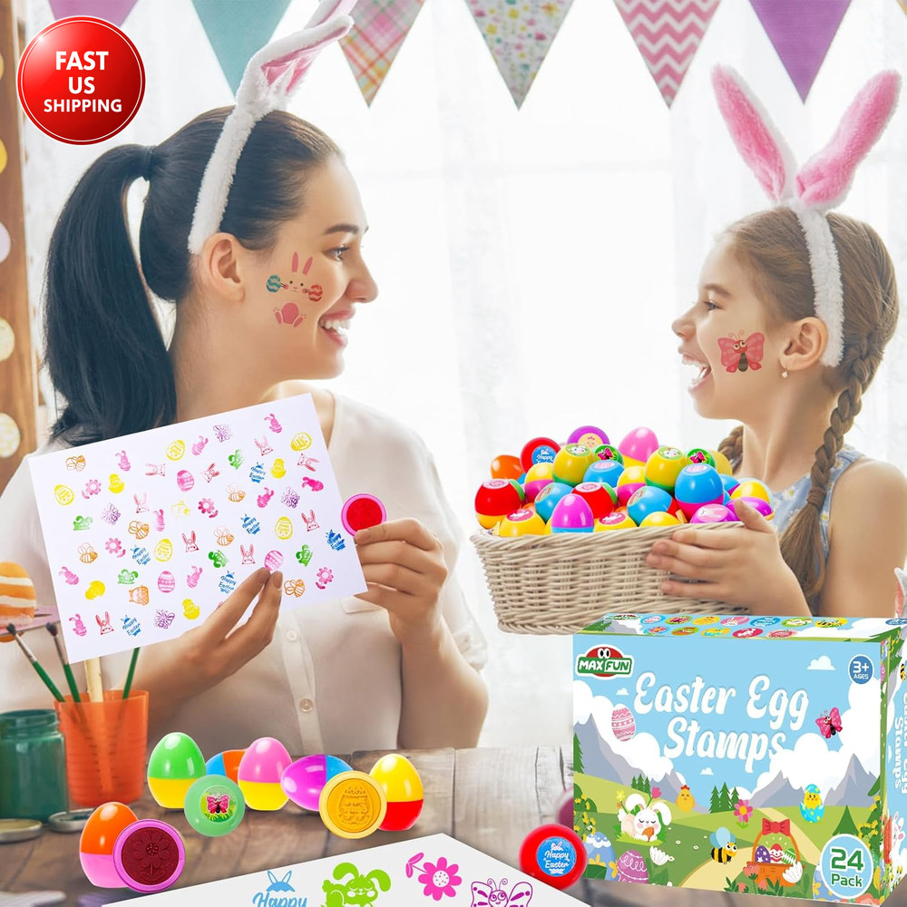 24Pcs Easter Egg Stampers Prefilled Easter Egg Stamps with 24Pcs Easter Stickers