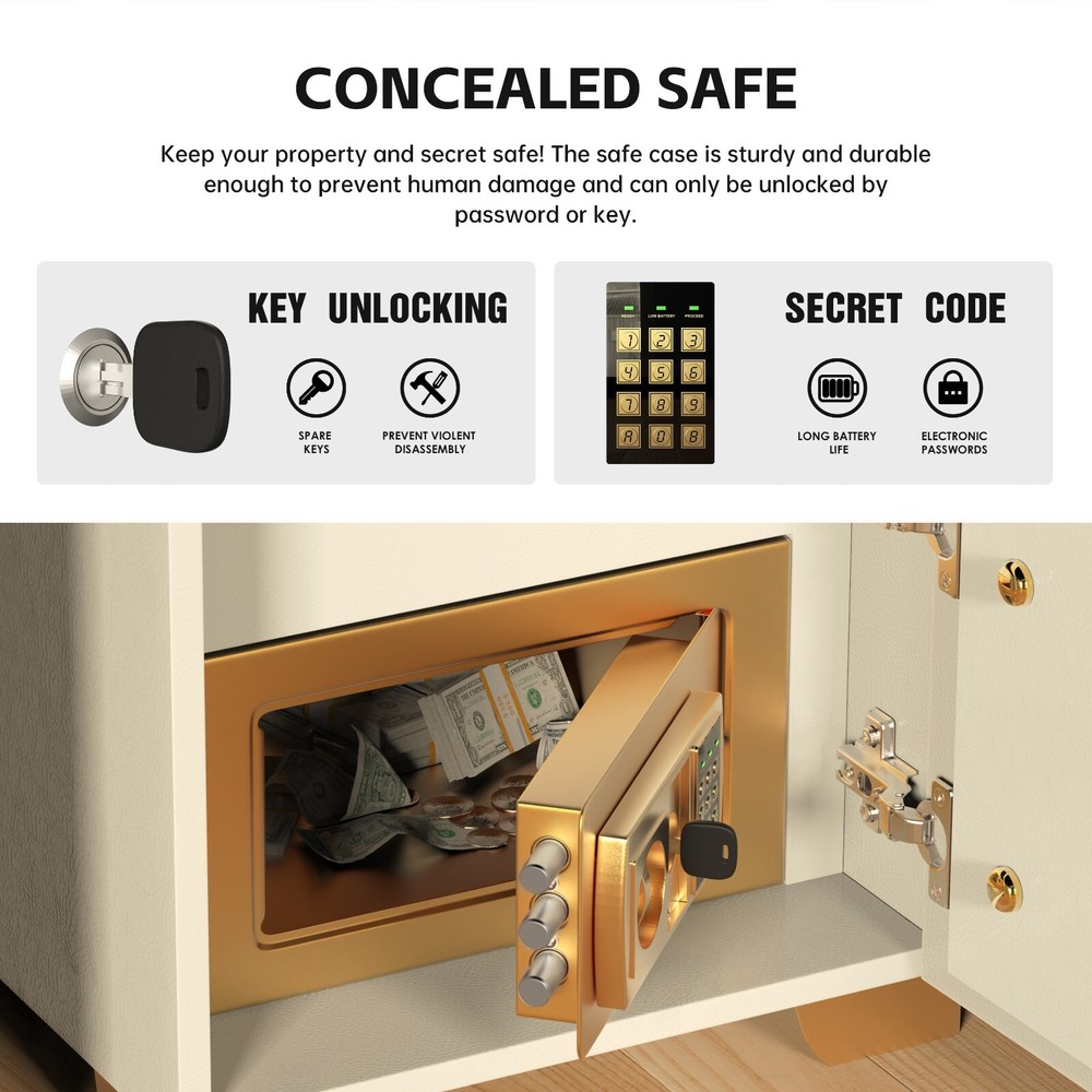Off-white smart bedside table with safe, wireless charging + three-color light
