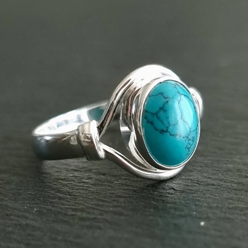 Solid 925 Sterling Silver Natural Turquoise Oval Gemstone Artisan Boho Band Ring
