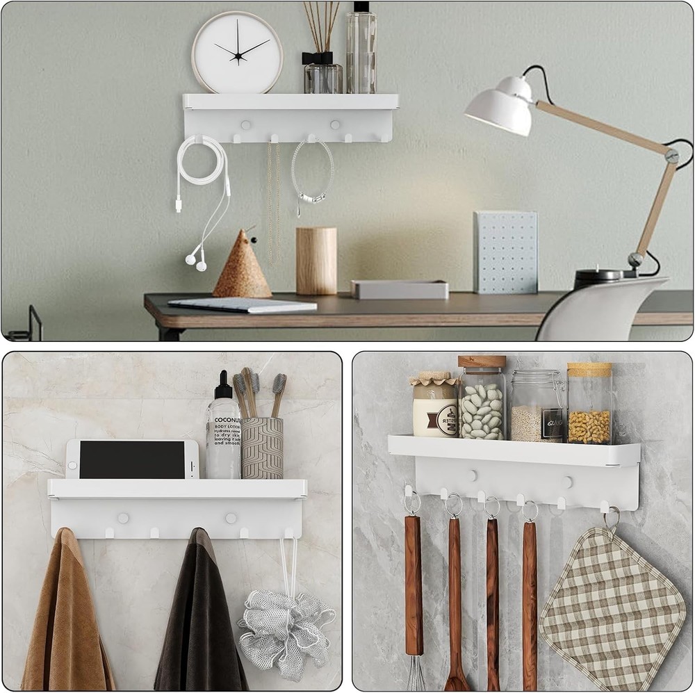 Wall Mount Rustic Key Mail Organizer with 6 Hooks and Shelf White Metal