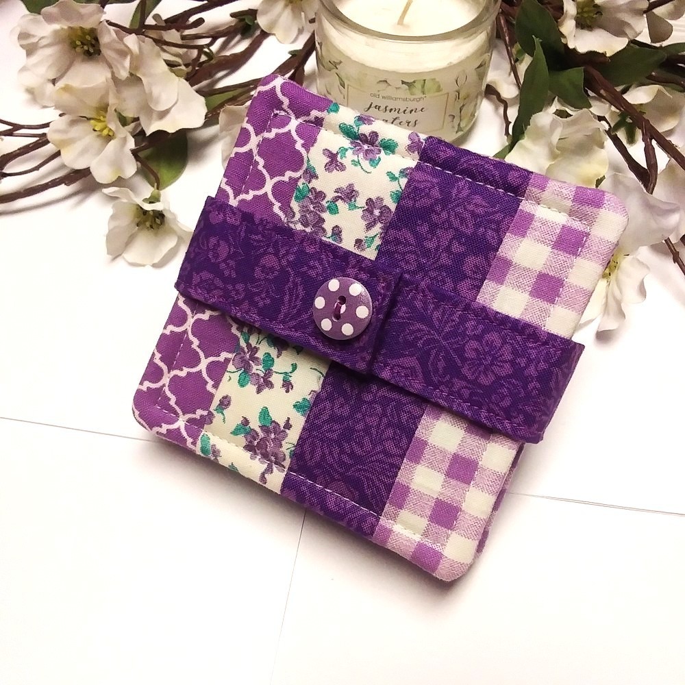 PURPLE PASSION 5pc Handmade Reversible Patchwork Coasters w/Holder & Button