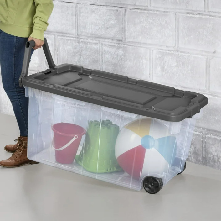 Sterilite 160 Qt Wheeled Stacker Clear Storage Bin w/ Latch Lid, 2 Pack