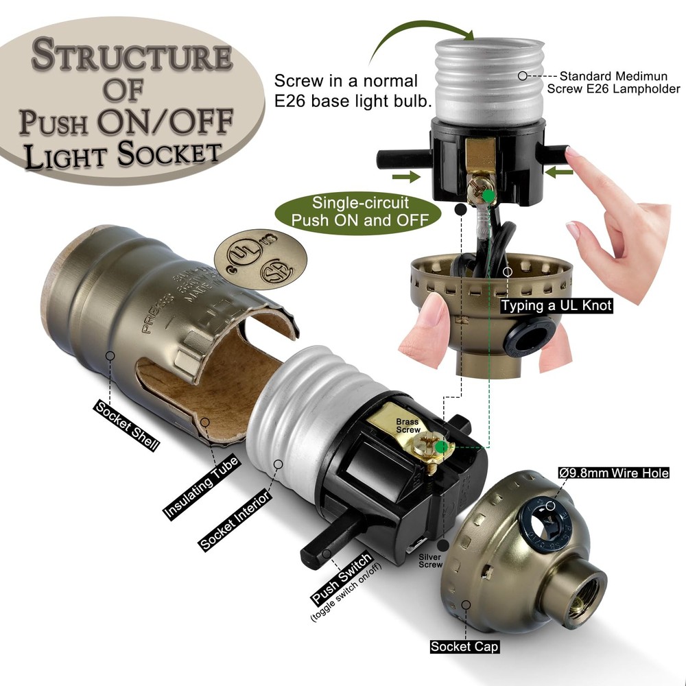 Antique Brass Lamp Socket Replacement Kit with Electric Cord Set - DIY