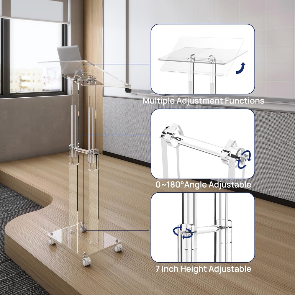 Acrylic Podium Stand with Lockable Wheels, Angle & Height Adjustable, Clear R...