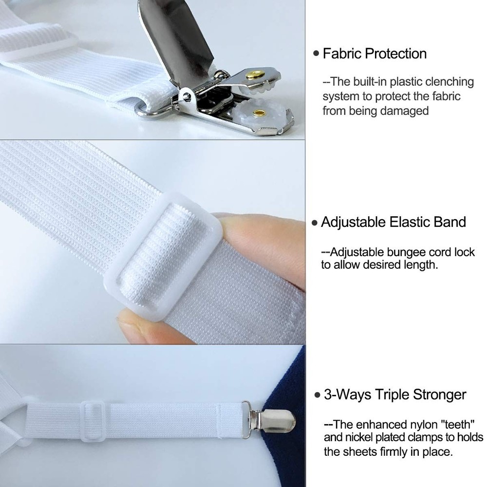 4 PCS White Triangle Bed Sheet Holder Straps, Adjustable Elastic Corner Clips