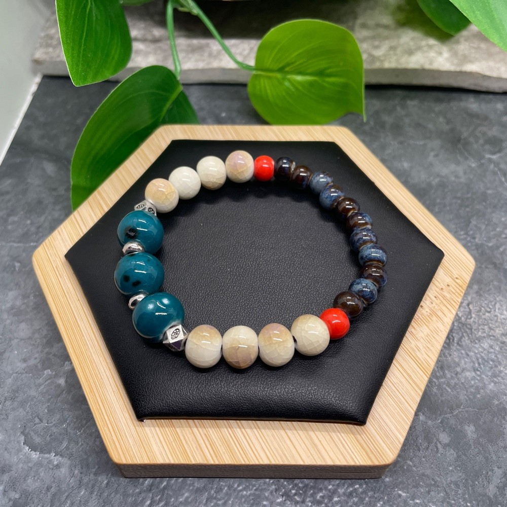 Handmade Ceramic Bead Beaded Stackable 6” Plus Stretch Bracelet New B435