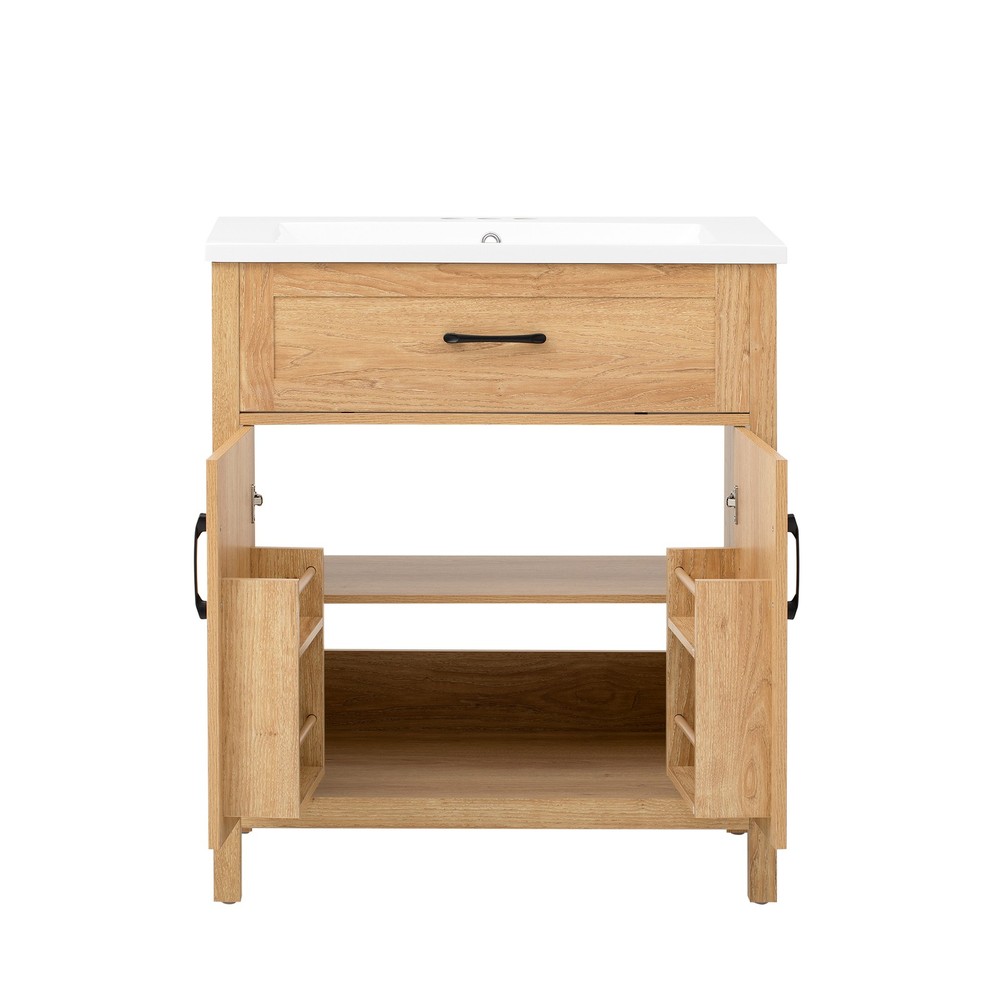 30" Bathroom Vanity with Resin Sink & Door Organizer, Solid Wood Frame